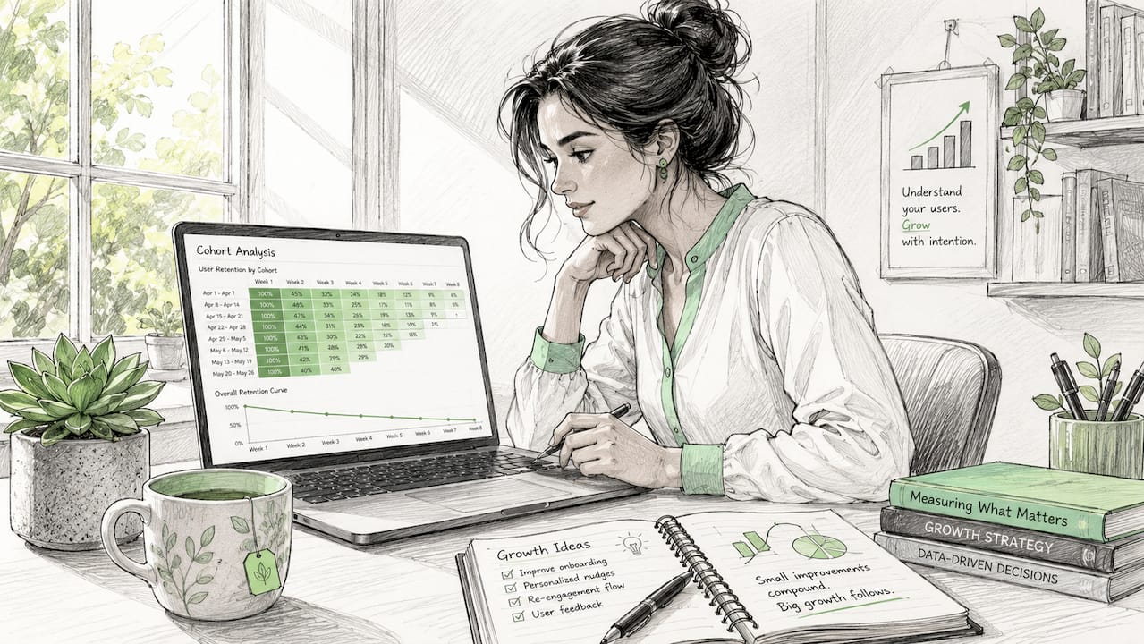 Marketing analyst reviewing cohort data on desk