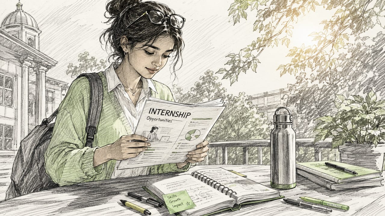 College student reading internship materials at library table