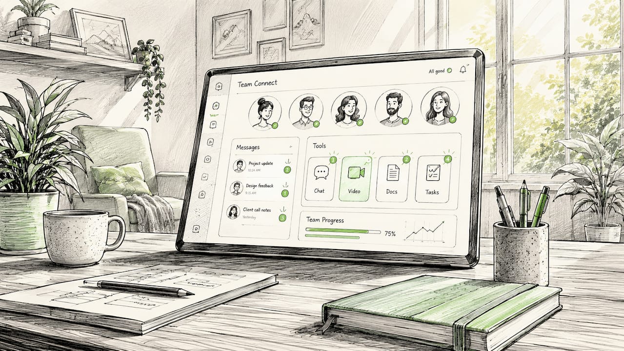 Cartoon-style animated remote communication dashboard