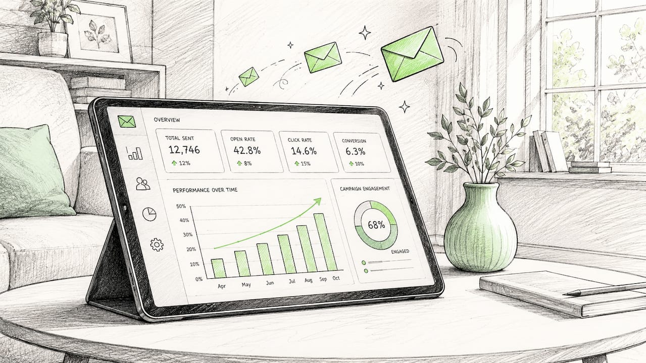 Animated cartoon-style email marketing dashboard symbols