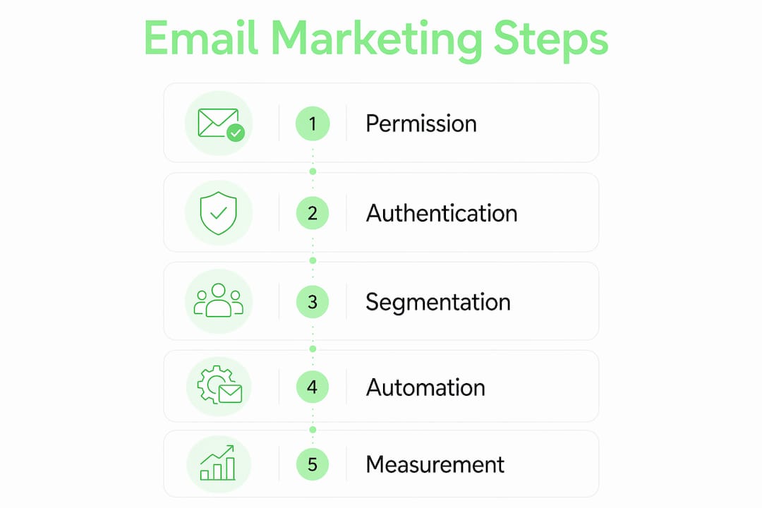 Vertical infographic showing five key email marketing steps in 2026