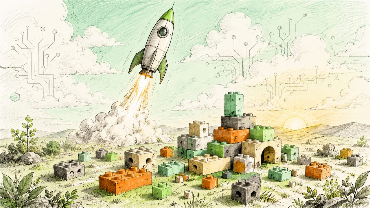 Cartoon icons of rocket and blocks for startup innovation