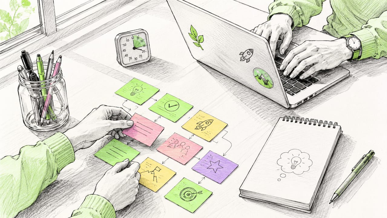 Hands managing tasks during tech cofounder evaluation