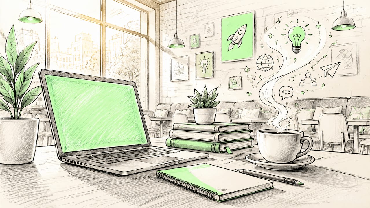 Animated cartoon desk with startup icons