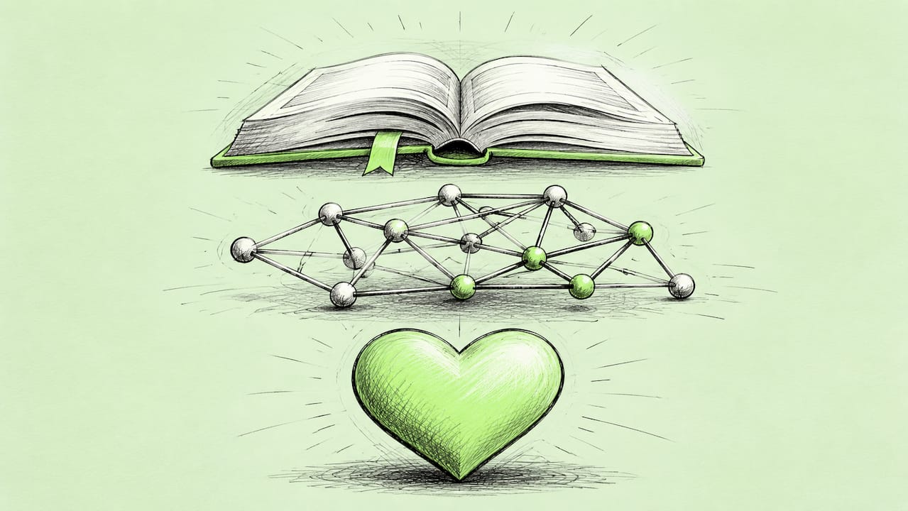 Cartoon icons for knowledge, network, conviction