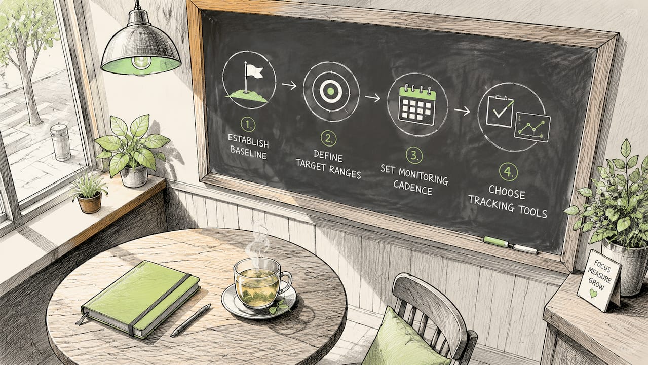 Illustration of measurement framework icons on whiteboard