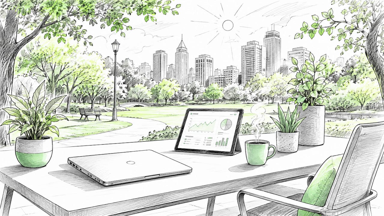 Cartoon-style workspace with AI marketing tools elements