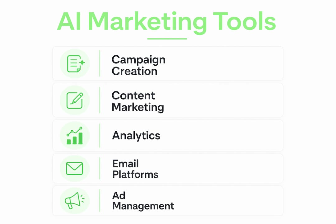 Infographic illustrating categories of AI marketing tools for startups