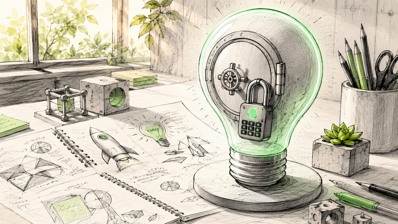 Animated cartoon safe lightbulb with padlock on desk