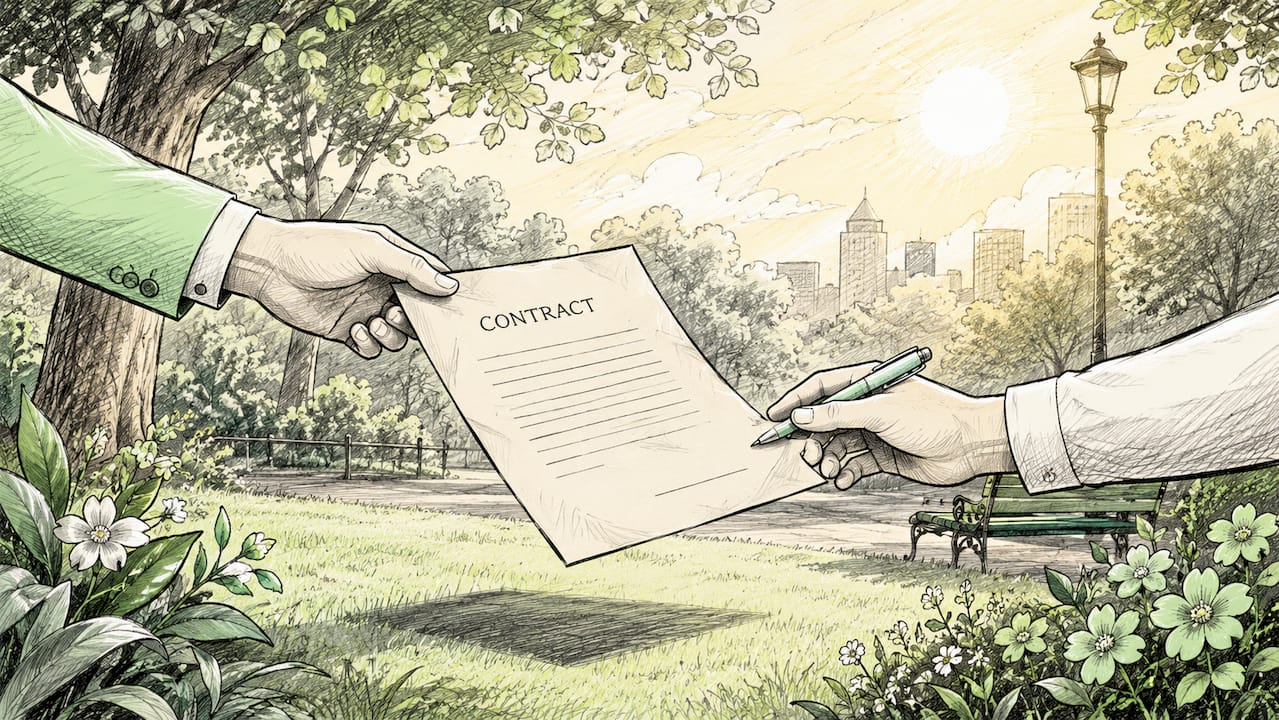 Animated hands exchanging contract over desk