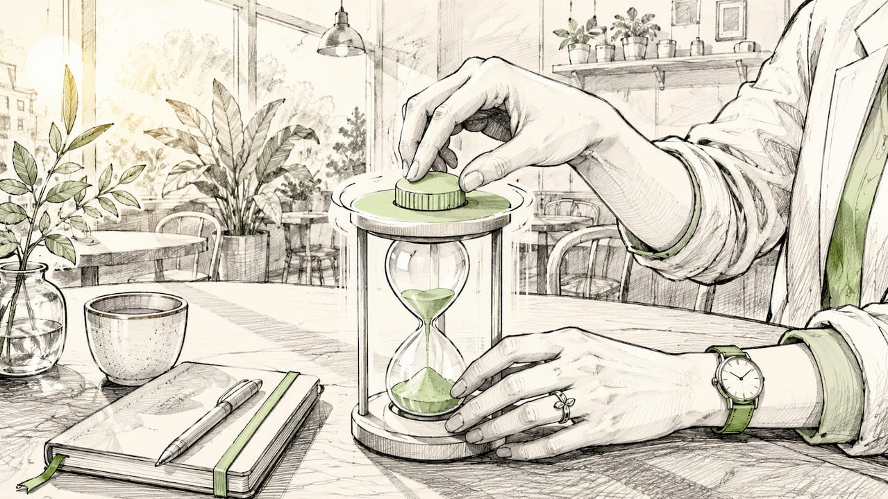 Close-up cartoon hands pressing timer button