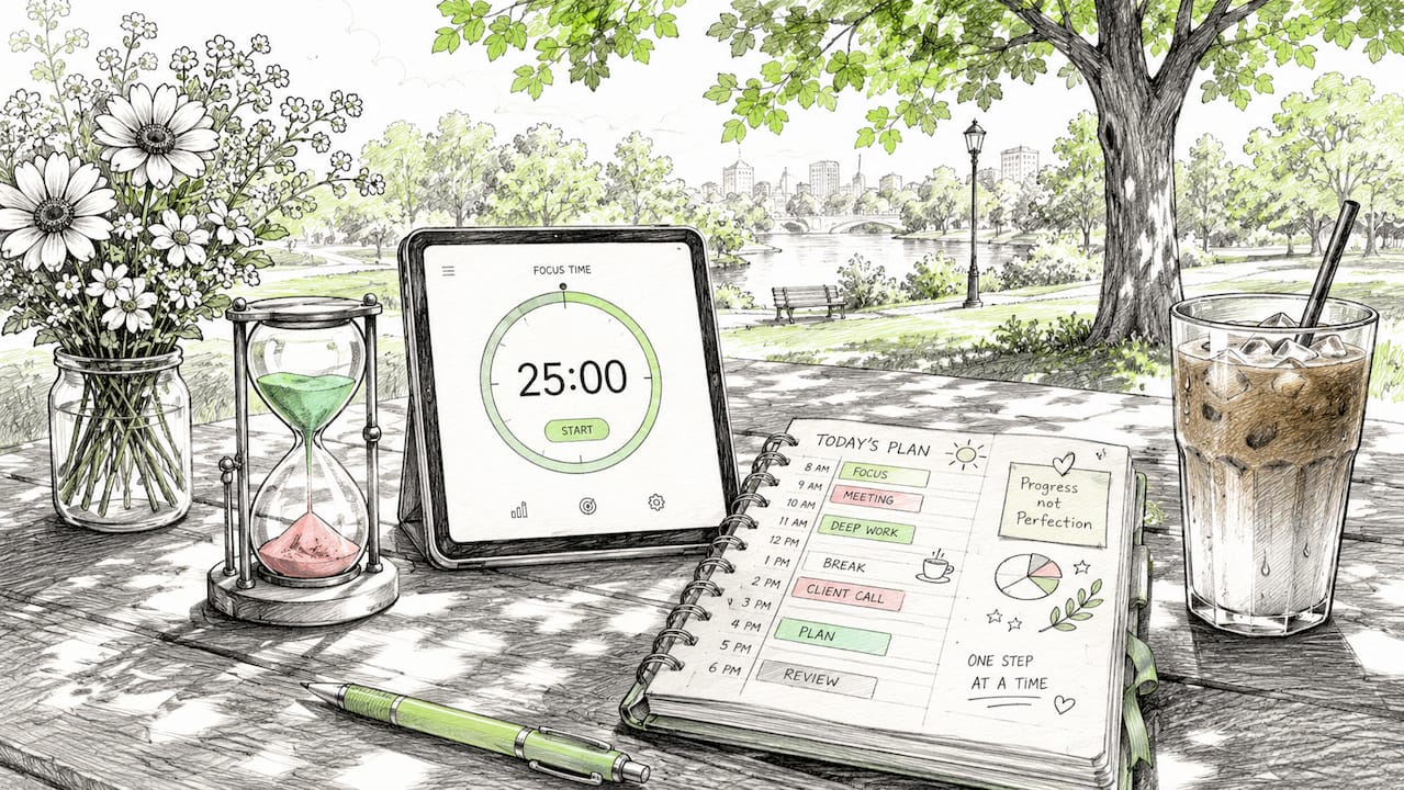 Cartoon-style time tracking tools on professional desk