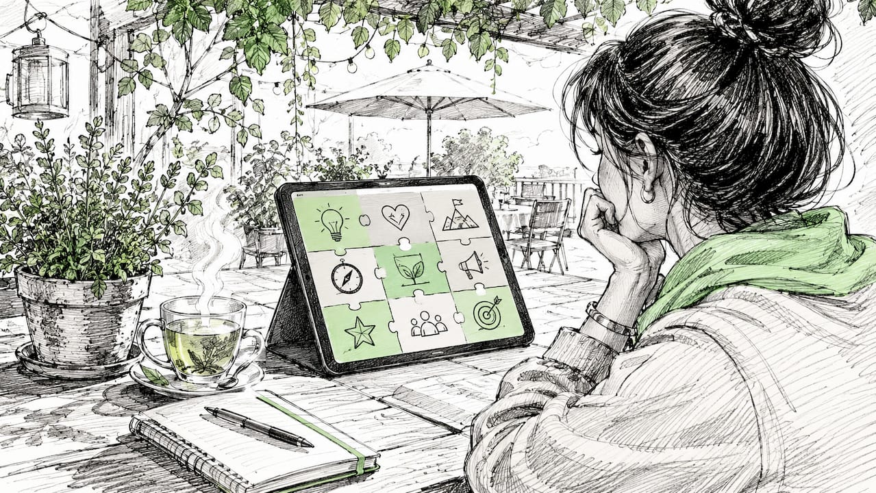Cartoon-style tablet with strength icons on desk