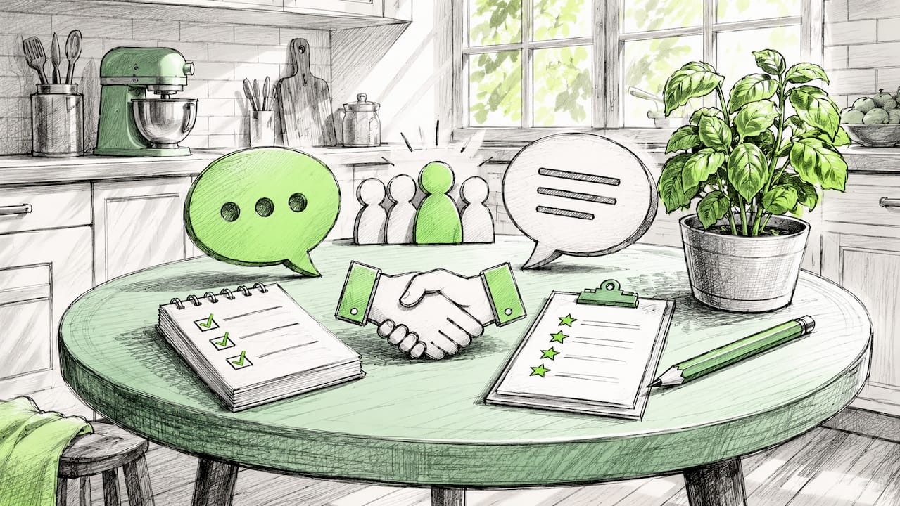 Icons symbolizing peer feedback on conference table