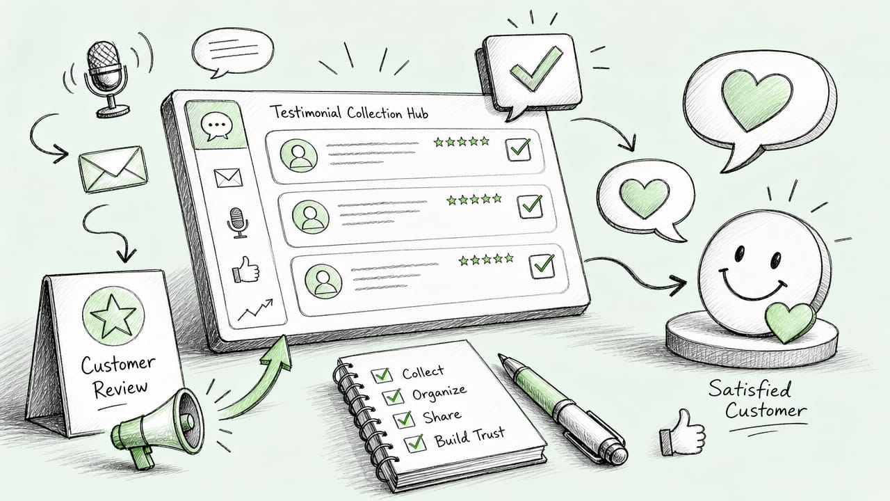 Cartoon graphic of testimonial collection dashboard