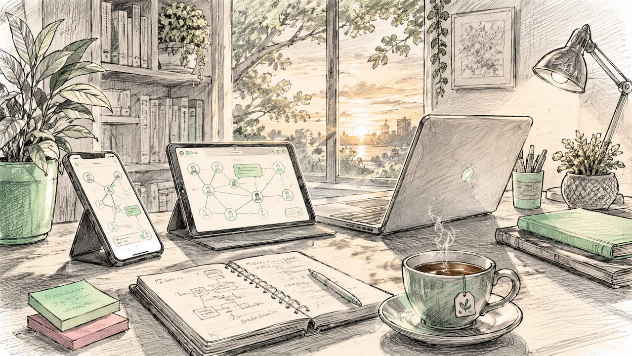 Cartoon-style digital devices symbolizing online networking