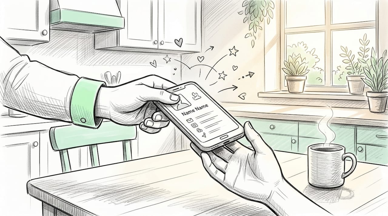 Hands exchanging digital networking business card