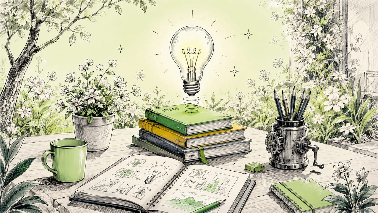 Animated cartoon workspace with idea light bulb