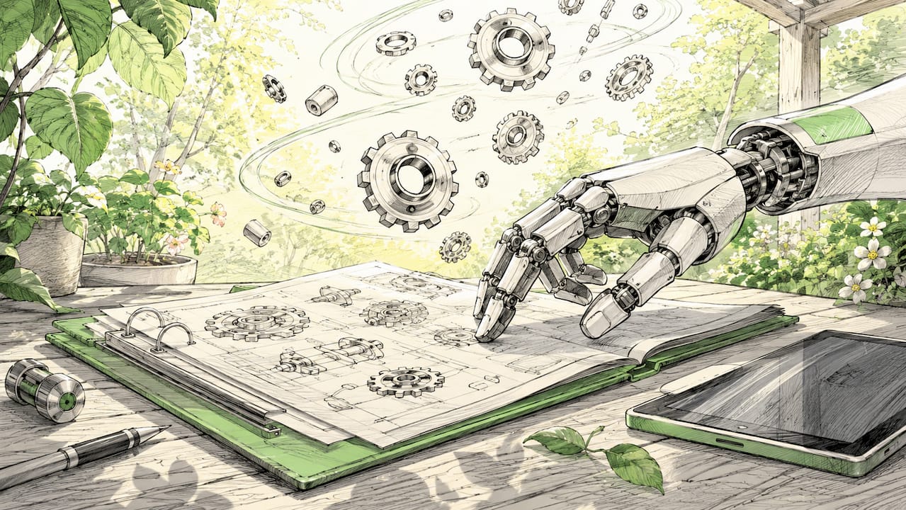 Cartoon robot hand over blueprint on desk