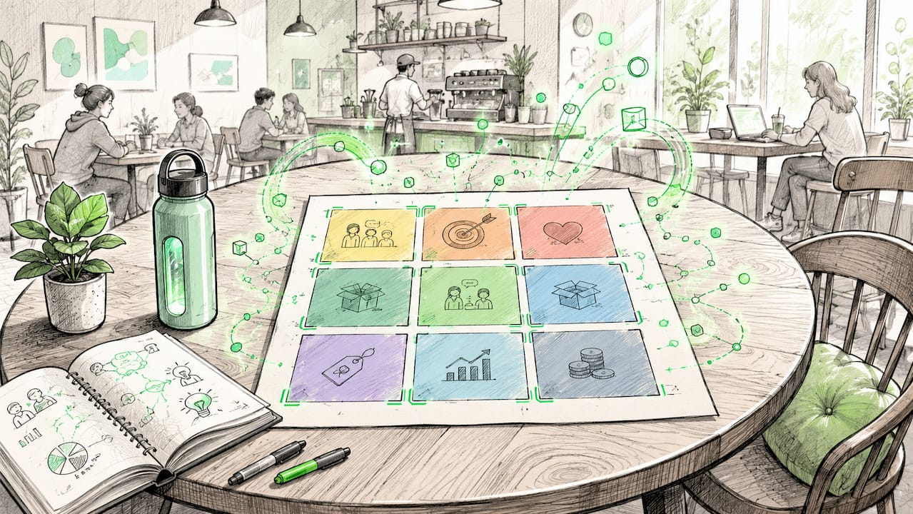 Animated illustration of Lean Canvas AI startup framework