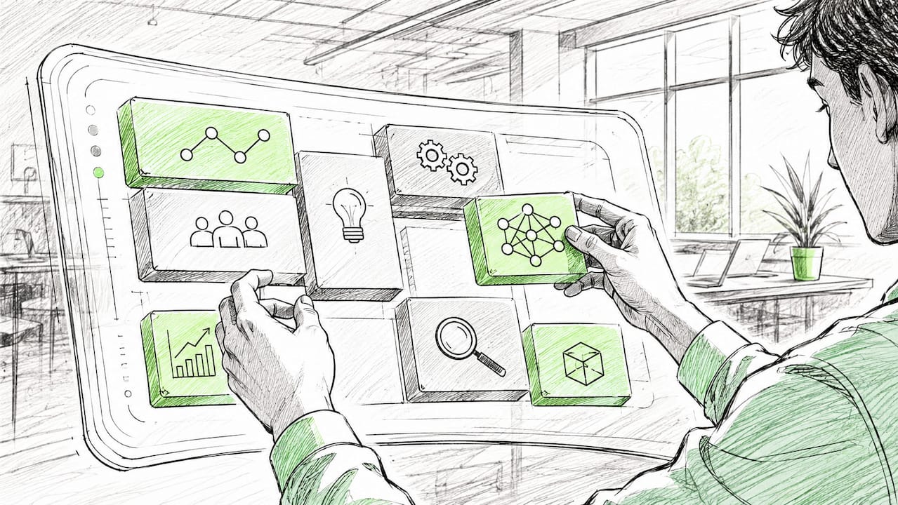 Hands organizing AI Lean Canvas blocks on touchscreen