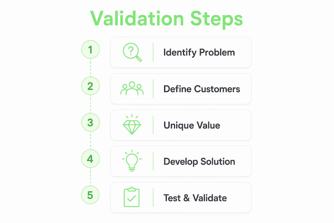 Infographic displaying Lean Canvas AI validation steps