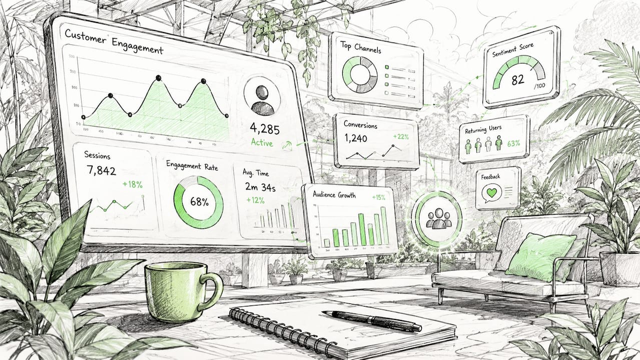 Animated customer engagement analytics dashboard illustration