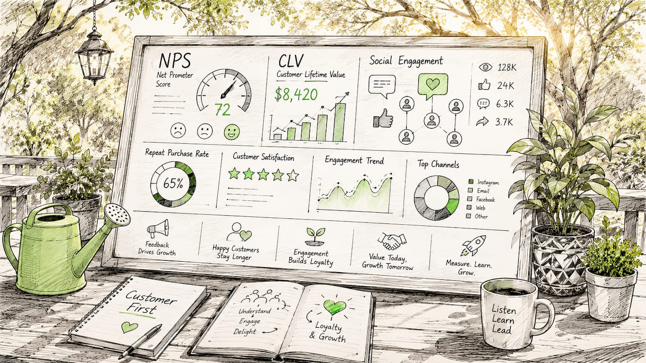 Cartoon board showing engagement metrics icons