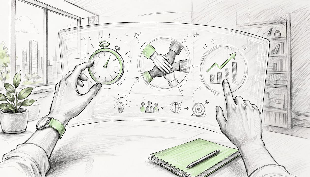 Cartoon hands interacting with business icons on tablet