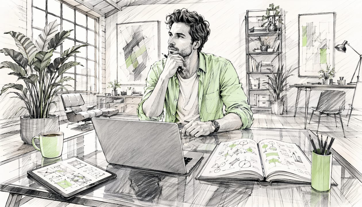 Cartoon style entrepreneur home office setup