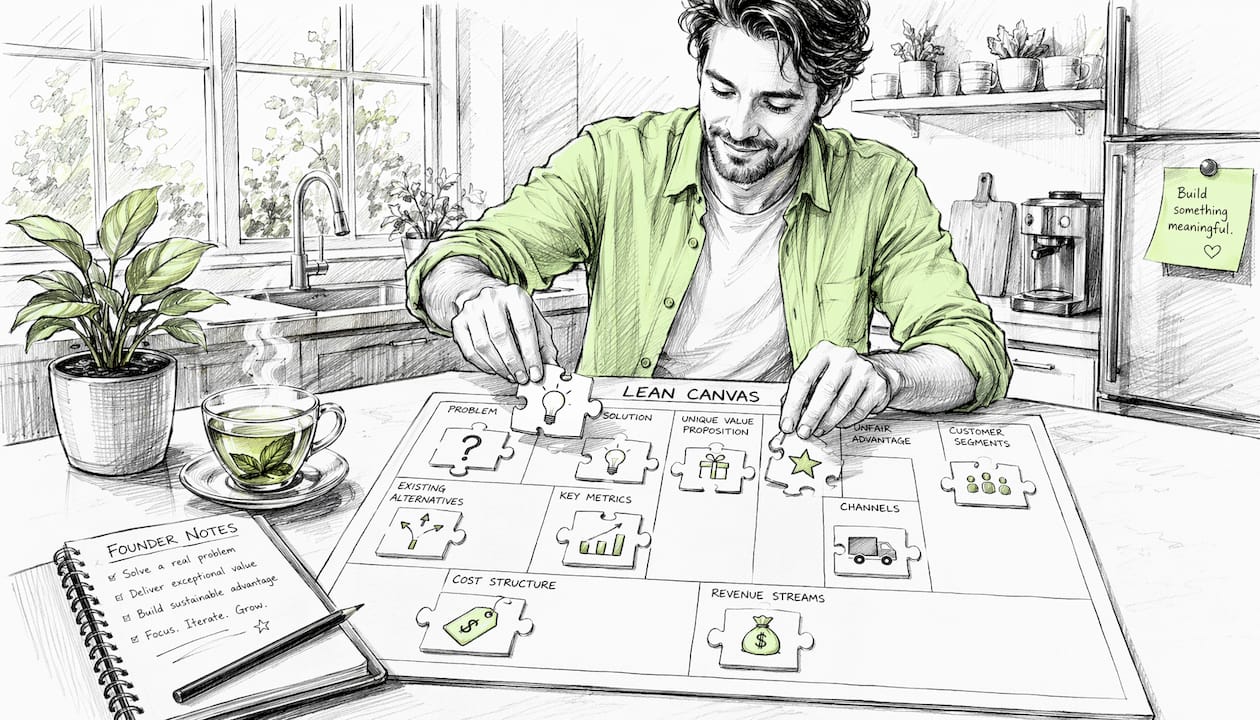 Cartoon hands assembling Lean Canvas puzzle