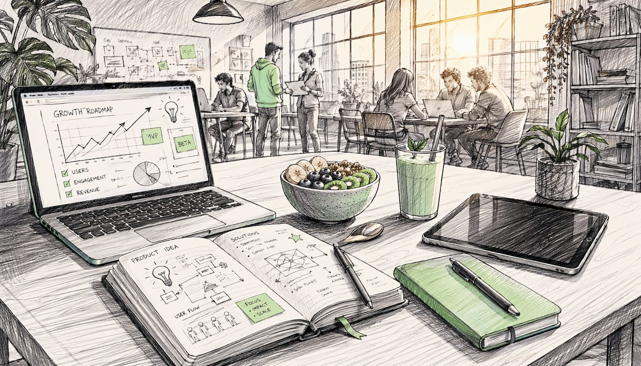 Cartoon startup workspace with Lean Canvas sheet
