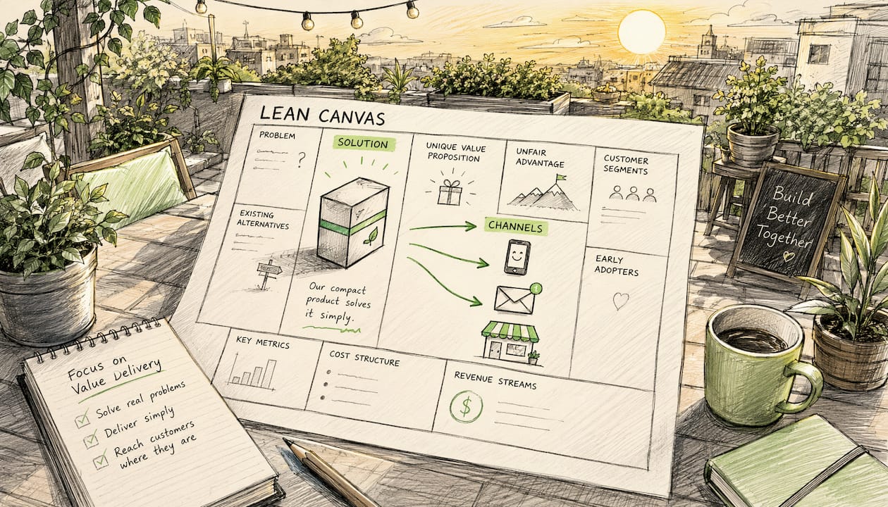 Stylized Lean Canvas focus on solution and channel icons