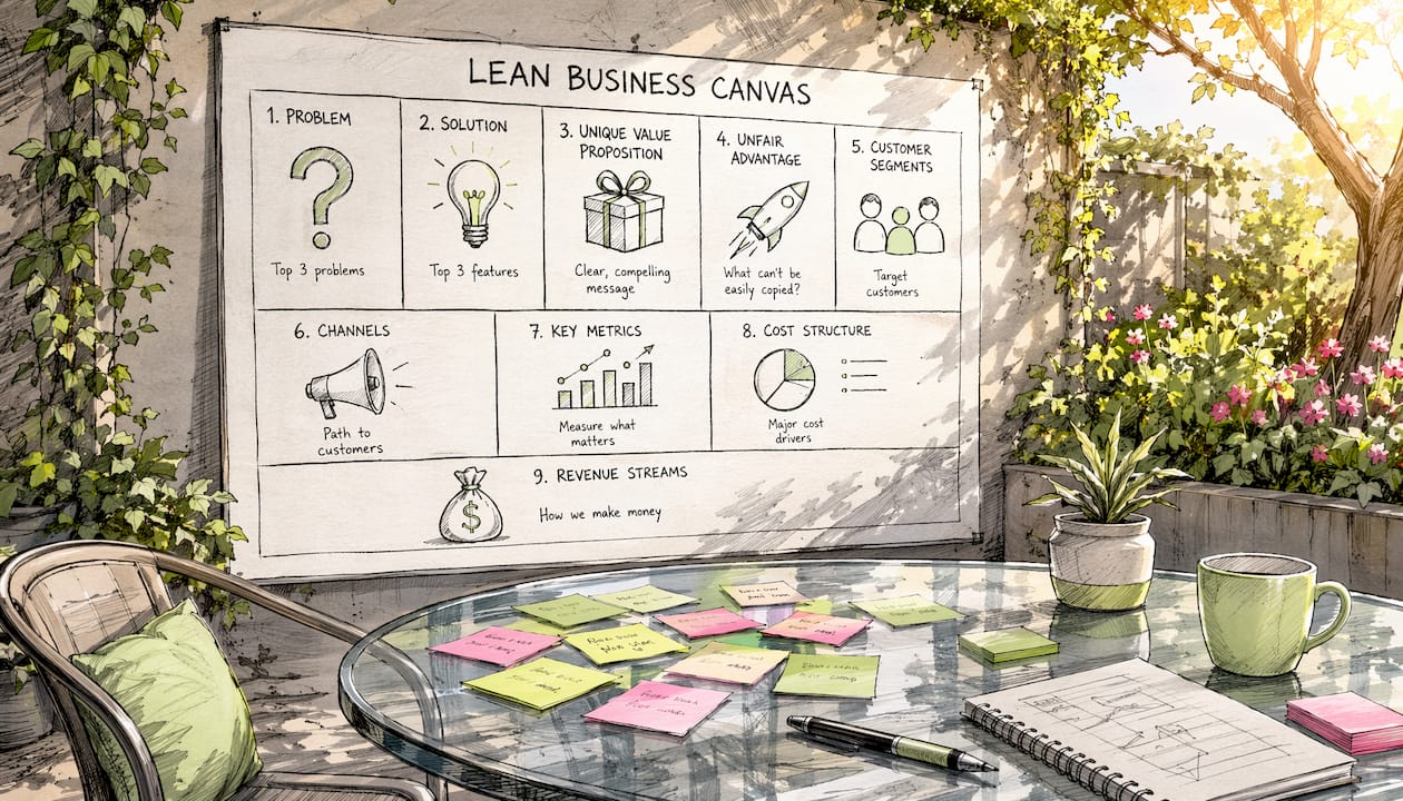 Cartoon-style Lean Canvas displayed in startup workspace