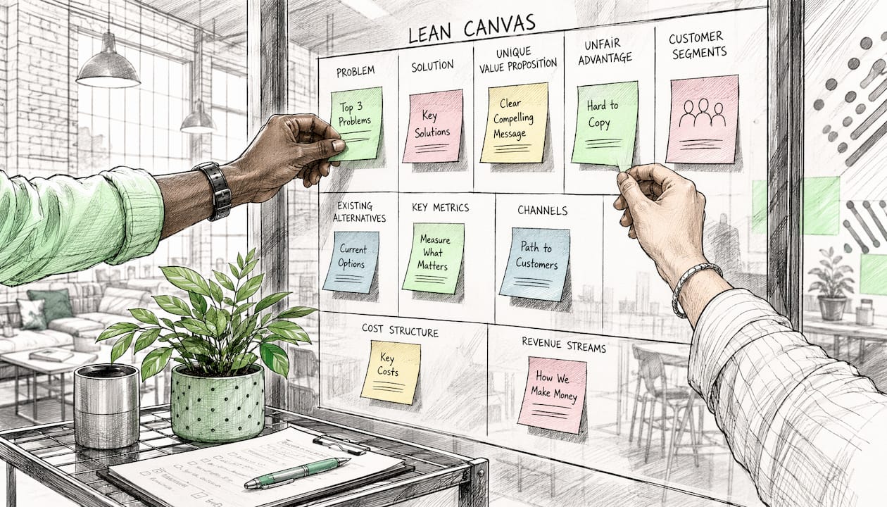 Animated hands arranging Lean Canvas sticky notes