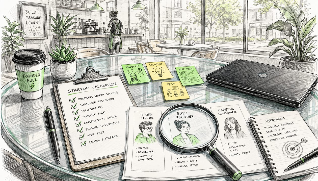 Cartoon overhead view of startup validation setup