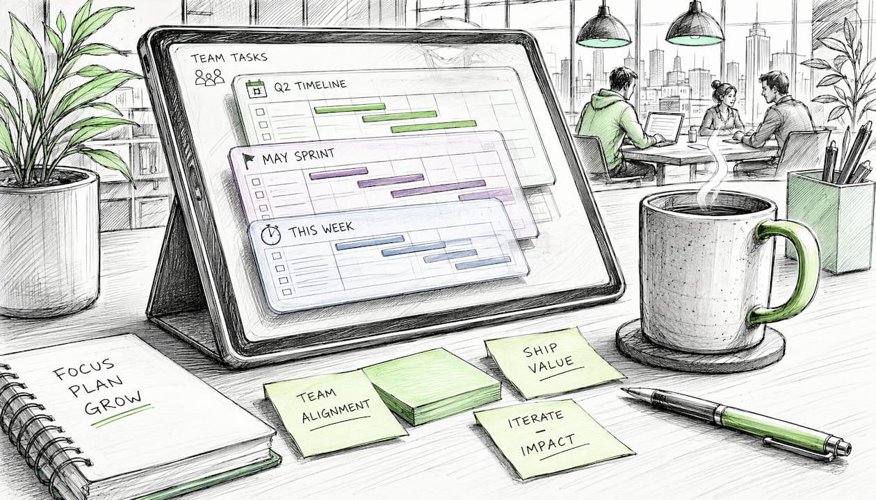 Animated cartoon workspace showing 30/60/90 day task roadmap
