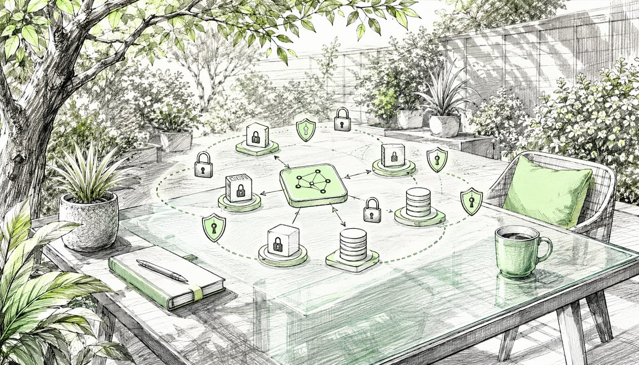 Cartoon illustration of secure AI task management network