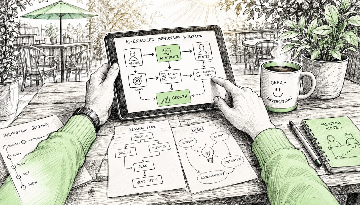 Cartoon overhead view of AI mentorship collaboration tools