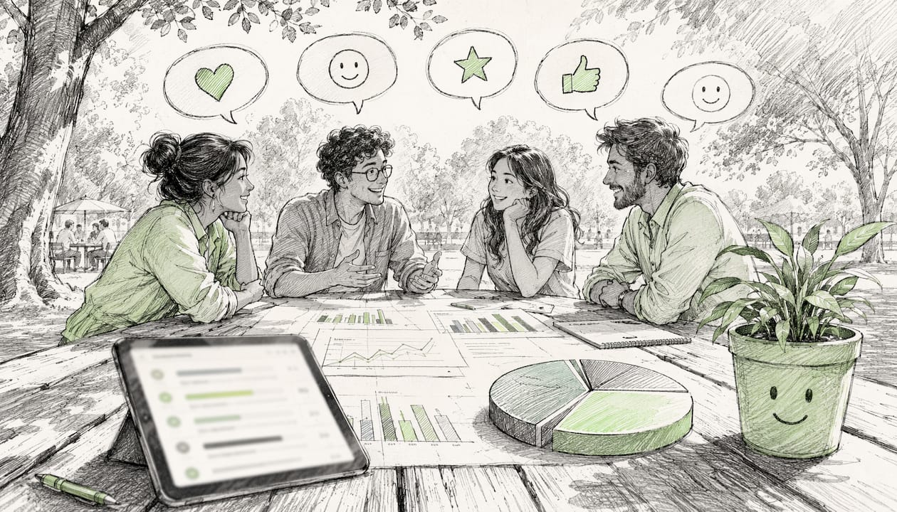 Meeting room with symbolic customer feedback tools