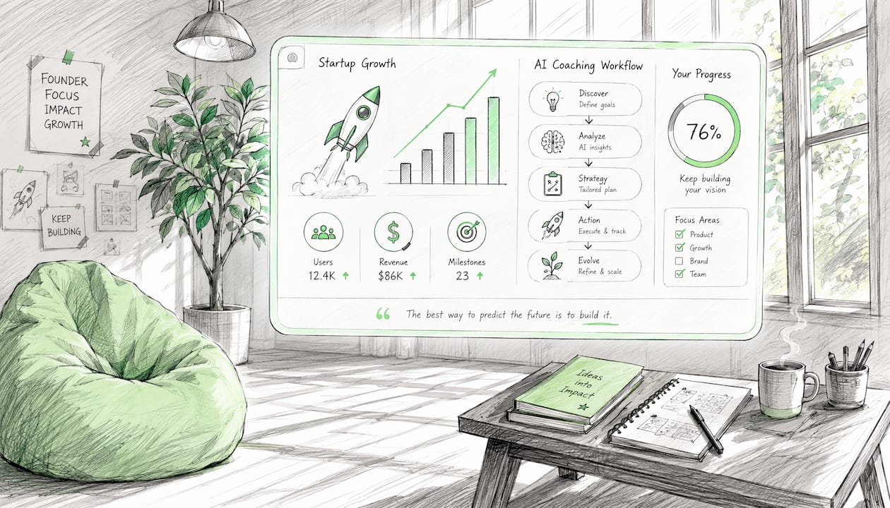 Animated minimalist workspace showing AI coaching elements