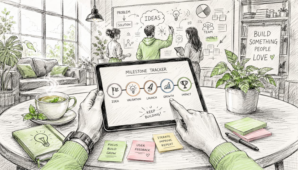 Overhead cartoon of hands managing startup workflows