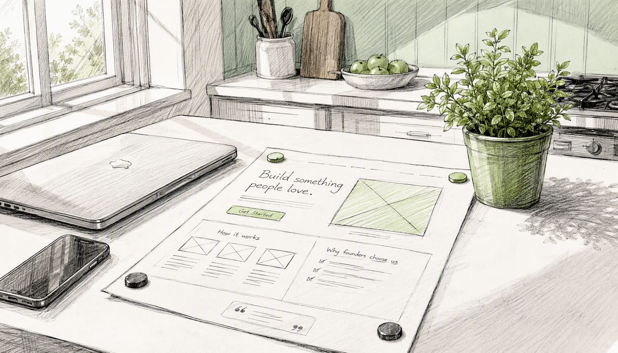 Cartoon workspace with landing page sketches and laptop