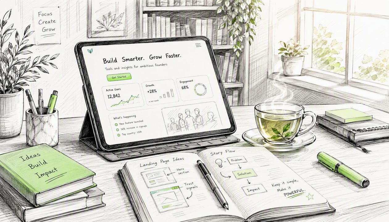 Tablet displaying landing page next to coffee and notes