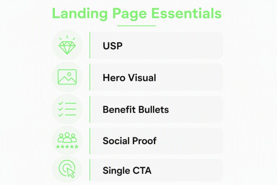 Infographic illustrating five core landing page elements