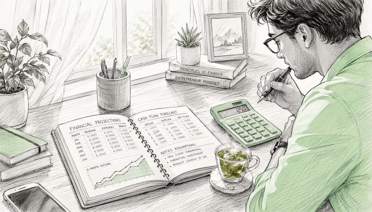 Desk setup with financial projections ledger