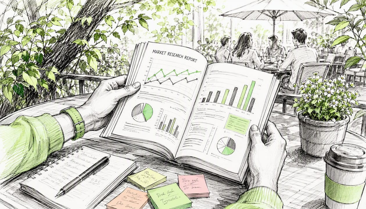 Hands flipping market research report