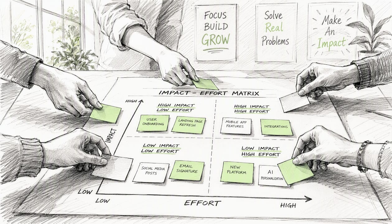 Hands placing notes on prioritization matrix in workshop