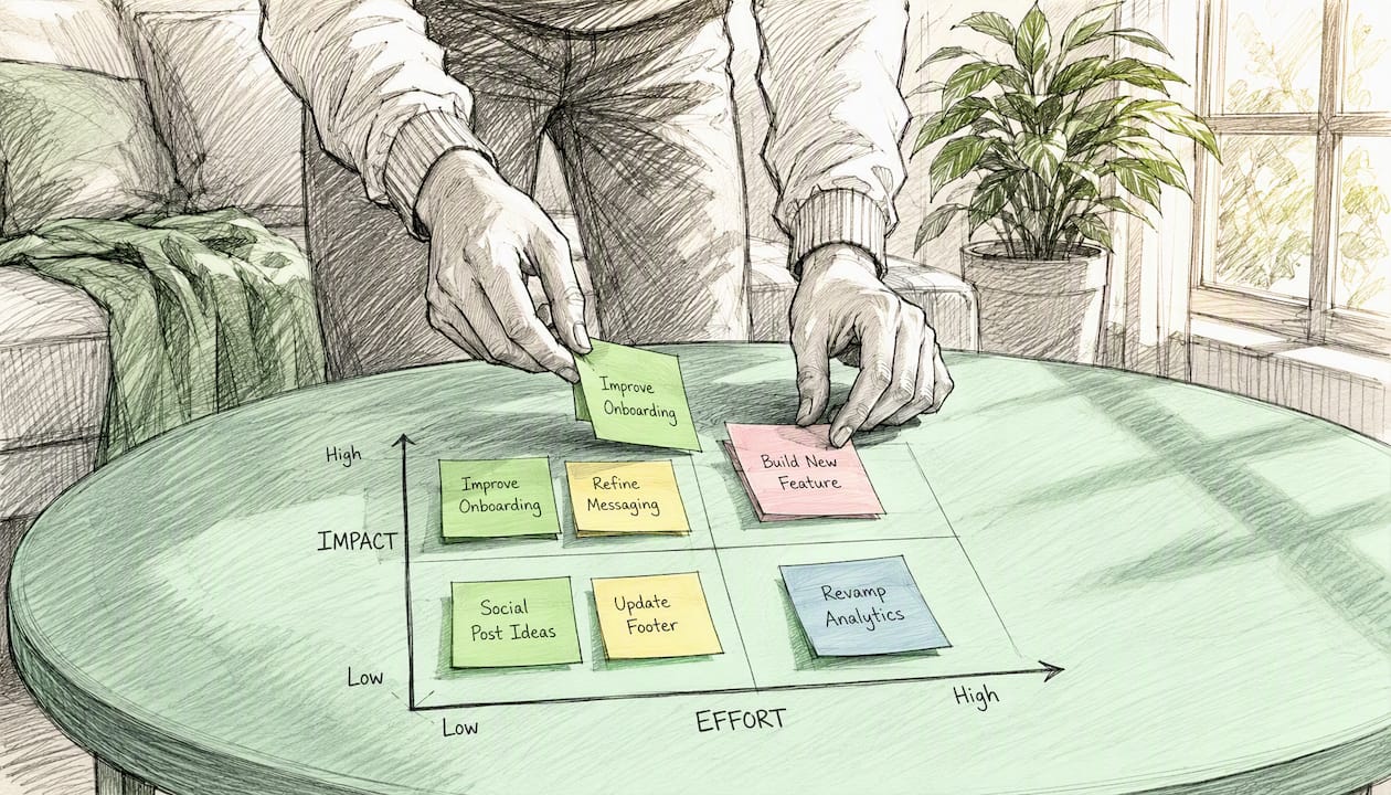 Hands arranging notes on Impact-Effort matrix