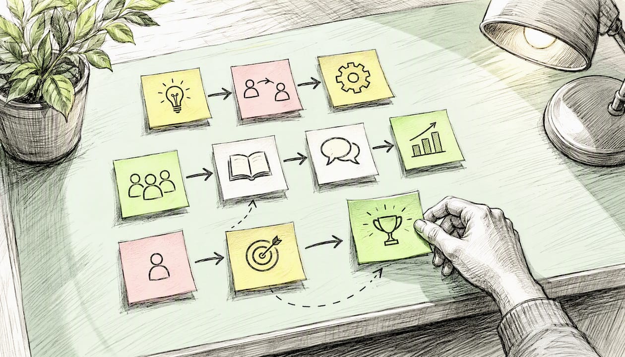 Illustration of startup workflow on whiteboard
